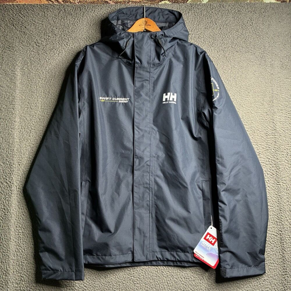 Helly Hansen Seven J Rain Jacket Large Blue Waterproof Packable Shell Hoodie